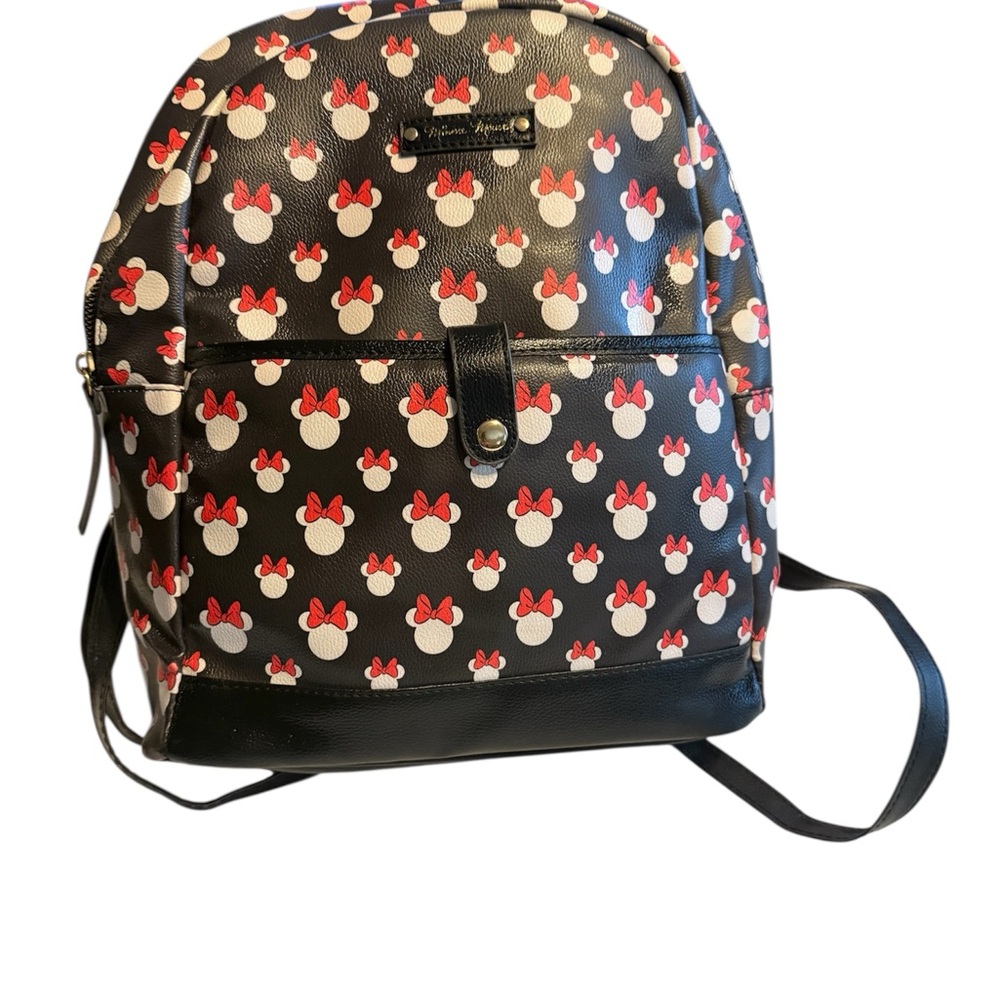 Disney Minnie Mouse Bow Print Backpack Black Faux Leather Mini Backpack - Picture 3 of 7